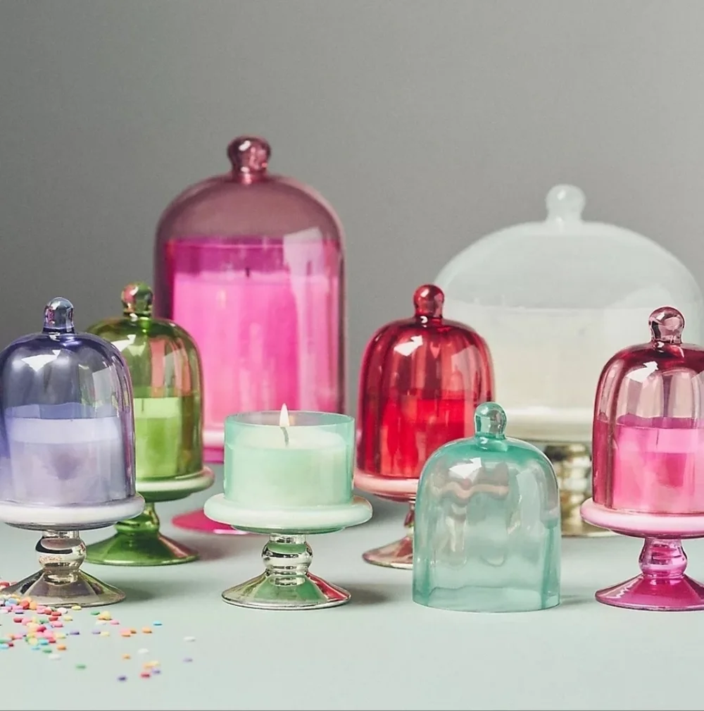 Anthropologie Mini Cake Stand Fruity Champagne Cheers Green Glass Candle, NIB